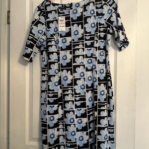Alfani Black Dress with Blue and White Floral Design